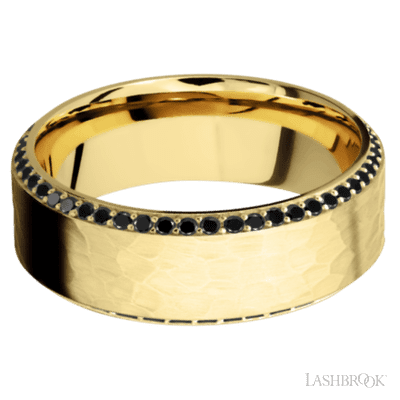 8 mm wide/High Bevel/14K Yellow Gold band with a Bevel Eternity arrangement of .01 carat Round Black Diamond stones in a Bead setting.