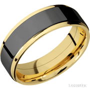 7 mm wide/Flat Grooved Edges/14K Yellow Gold band with one 5 mm Raised Centered inlay of Zirconium.