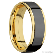 7 mm wide/Flat Grooved Edges/14K Yellow Gold band with one 5 mm Raised Centered inlay of Zirconium.