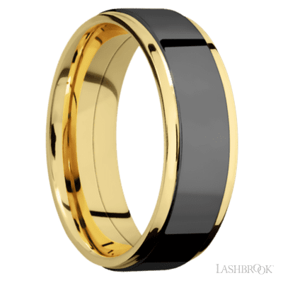 7 mm wide/Flat Grooved Edges/14K Yellow Gold band with one 5 mm Raised Centered inlay of Zirconium.