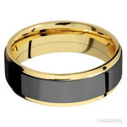 7 mm wide/Flat Grooved Edges/14K Yellow Gold band with one 5 mm Raised Centered inlay of Zirconium.