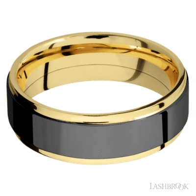 7 mm wide/Flat Grooved Edges/14K Yellow Gold band with one 5 mm Raised Centered inlay of Zirconium.