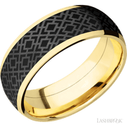 8 mm wide/Domed/14K Yellow Gold band with one 6 mm Centered inlay of Zirconium with a laser carved Trellis 2 pattern.