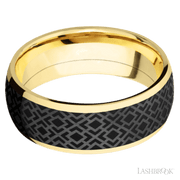 8 mm wide/Domed/14K Yellow Gold band with one 6 mm Centered inlay of Zirconium with a laser carved Trellis 2 pattern.
