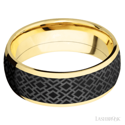 8 mm wide/Domed/14K Yellow Gold band with one 6 mm Centered inlay of Zirconium with a laser carved Trellis 2 pattern.