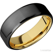 7 mm wide Beveled Zirconium band featuring a 14K Yellow Gold sleeve.