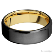 7 mm wide Beveled Zirconium band featuring a 14K Yellow Gold sleeve.