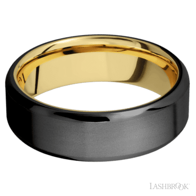 7 mm wide Beveled Zirconium band featuring a 14K Yellow Gold sleeve.