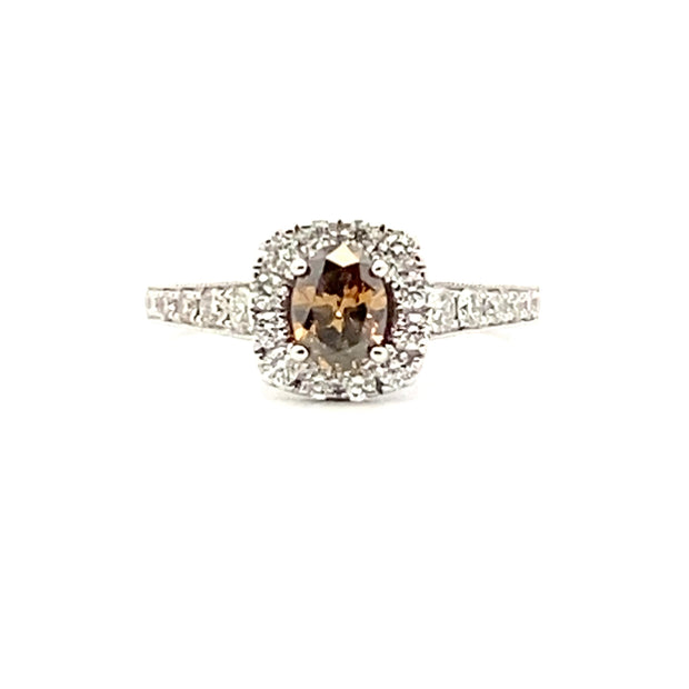 14kw Gold RIng with .58cts Oval Brown Diamond and White Diamond Halo