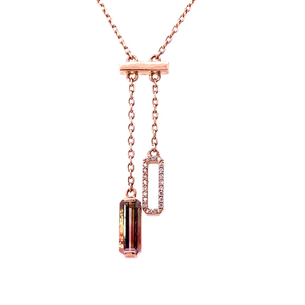 14k Rose Gold Watermelon Tourmaline and Diamond Necklace