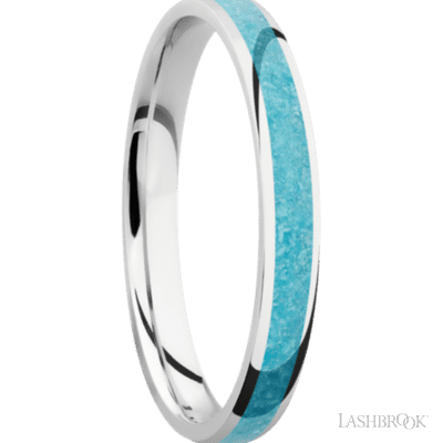 3 mm wide/Domed/Cobalt Chrome band with one 2 mm Centered inlay of Turquoise.