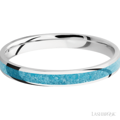 3 mm wide/Domed/Cobalt Chrome band with one 2 mm Centered inlay of Turquoise.