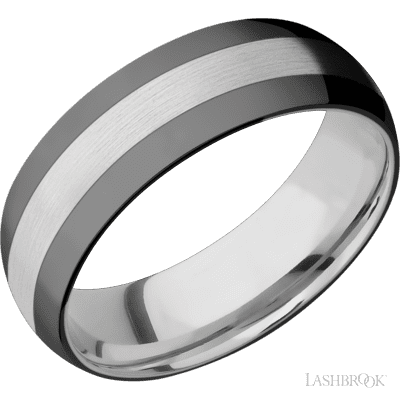 7 mm wide/Domed/Cobalt Chrome band with two 2 mm Double Off Center Edge inlays of Zirconium.