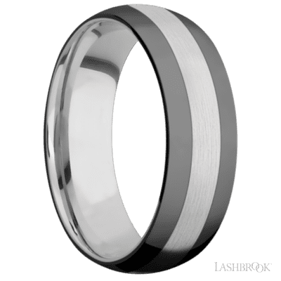 7 mm wide/Domed/Cobalt Chrome band with two 2 mm Double Off Center Edge inlays of Zirconium.