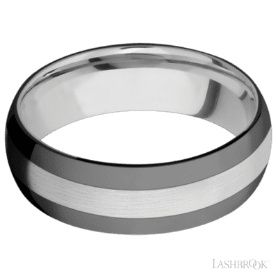 7 mm wide/Domed/Cobalt Chrome band with two 2 mm Double Off Center Edge inlays of Zirconium.