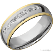 7 mm wide/Domed Stepped Down Edges/Cobalt Chrome band with  two 1 mm Edge inlays of 14K Yellow Gold and featuring an  arrangement of 9, .05 carat Round Diamond stones in a Channel setting
