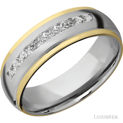 7 mm wide/Domed Stepped Down Edges/Cobalt Chrome band with  two 1 mm Edge inlays of 14K Yellow Gold and featuring an  arrangement of 9, .05 carat Round Diamond stones in a Channel setting