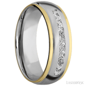 7 mm wide/Domed Stepped Down Edges/Cobalt Chrome band with  two 1 mm Edge inlays of 14K Yellow Gold and featuring an  arrangement of 9, .05 carat Round Diamond stones in a Channel setting