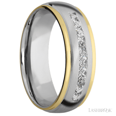 7 mm wide/Domed Stepped Down Edges/Cobalt Chrome band with  two 1 mm Edge inlays of 14K Yellow Gold and featuring an  arrangement of 9, .05 carat Round Diamond stones in a Channel setting