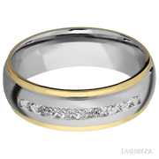 7 mm wide/Domed Stepped Down Edges/Cobalt Chrome band with  two 1 mm Edge inlays of 14K Yellow Gold and featuring an  arrangement of 9, .05 carat Round Diamond stones in a Channel setting