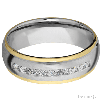 7 mm wide/Domed Stepped Down Edges/Cobalt Chrome band with  two 1 mm Edge inlays of 14K Yellow Gold and featuring an  arrangement of 9, .05 carat Round Diamond stones in a Channel setting