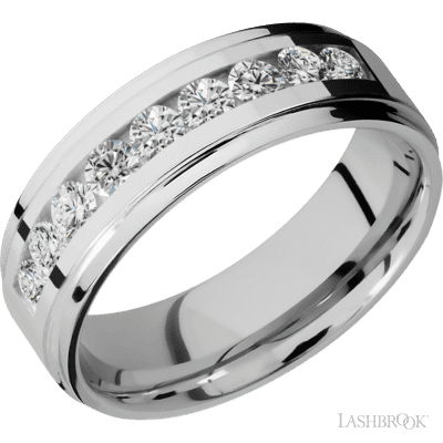 7 mm wide/Flat Grooved Edges/Cobalt Chrome band with an  arrangement of 9, .1 carat Round Diamond stones in a Channel setting.
