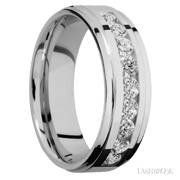 7 mm wide/Flat Grooved Edges/Cobalt Chrome band with an  arrangement of 9, .1 carat Round Diamond stones in a Channel setting.