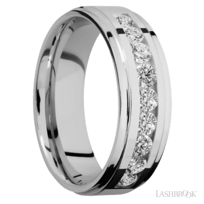 7 mm wide/Flat Grooved Edges/Cobalt Chrome band with an  arrangement of 9, .1 carat Round Diamond stones in a Channel setting.
