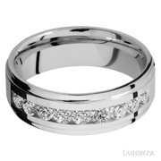 7 mm wide/Flat Grooved Edges/Cobalt Chrome band with an  arrangement of 9, .1 carat Round Diamond stones in a Channel setting.
