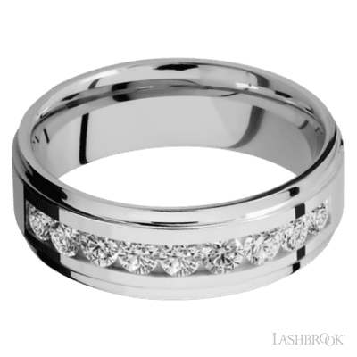 7 mm wide/Flat Grooved Edges/Cobalt Chrome band with an  arrangement of 9, .1 carat Round Diamond stones in a Channel setting.