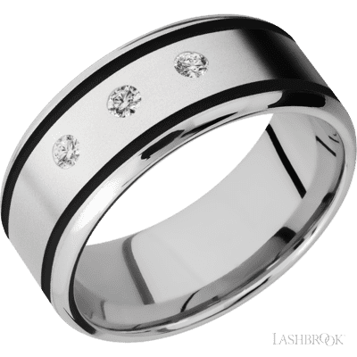 9 mm wide/Beveled/Cobalt Chrome band with  two 1 mm Wide inlays of Black and featuring an  arrangement of 3, .05 carat Round Diamond stones in a Flush setting