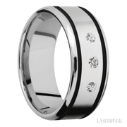 9 mm wide/Beveled/Cobalt Chrome band with  two 1 mm Wide inlays of Black and featuring an  arrangement of 3, .05 carat Round Diamond stones in a Flush setting