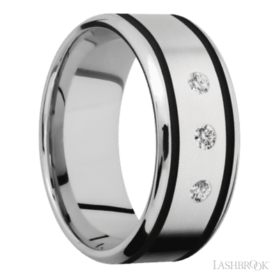 9 mm wide/Beveled/Cobalt Chrome band with  two 1 mm Wide inlays of Black and featuring an  arrangement of 3, .05 carat Round Diamond stones in a Flush setting