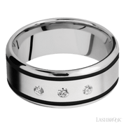 9 mm wide/Beveled/Cobalt Chrome band with  two 1 mm Wide inlays of Black and featuring an  arrangement of 3, .05 carat Round Diamond stones in a Flush setting