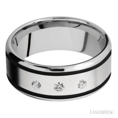 9 mm wide/Beveled/Cobalt Chrome band with  two 1 mm Wide inlays of Black and featuring an  arrangement of 3, .05 carat Round Diamond stones in a Flush setting