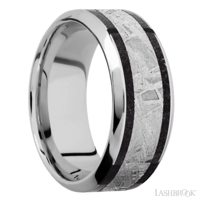 9 mm wide/High Bevel/Cobalt Chrome band featuring inlays of Dinosaur Bone Black and Meteorite.