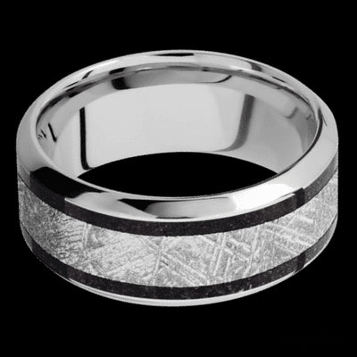 9 mm wide/High Bevel/Cobalt Chrome band featuring inlays of Dinosaur Bone Black and Meteorite.