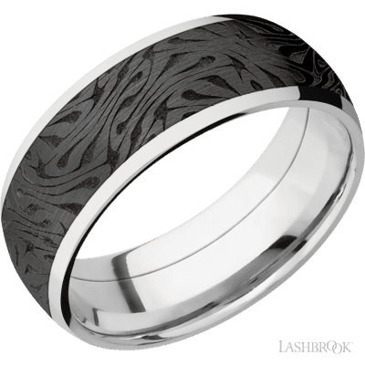 8 mm wide/Domed/Cobalt Chrome band with one 6 mm Centered inlay of Zirconium with a laser carved Escher 1 pattern.