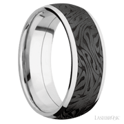 8 mm wide/Domed/Cobalt Chrome band with one 6 mm Centered inlay of Zirconium with a laser carved Escher 1 pattern.