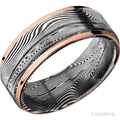 8 mm wide/Flat Grooved Edges/Tightweave band with two 1 mm Edge inlays of 14K Rose Gold.