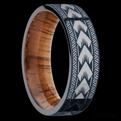 7 mm wide/Flat/Tantalum band with a laser carved Maori pattern also featuring a Koa sleeve.