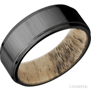 8 mm wide Flat Grooved Edges Zirconium band featuring a Spalted Tamarind sleeve.