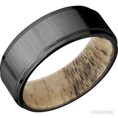 8 mm wide Flat Grooved Edges Zirconium band featuring a Spalted Tamarind sleeve.