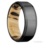 8 mm wide Flat Grooved Edges Zirconium band featuring a Spalted Tamarind sleeve.