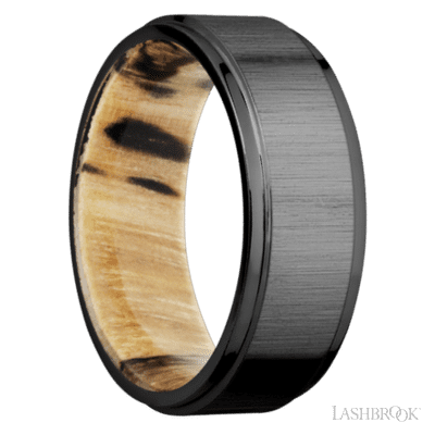 8 mm wide Flat Grooved Edges Zirconium band featuring a Spalted Tamarind sleeve.