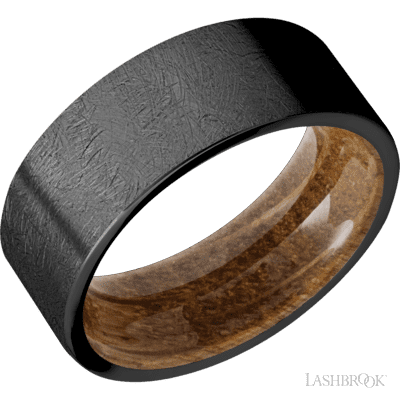 8 mm wide Flat Zirconium band featuring a Whiskey Barrel sleeve.
