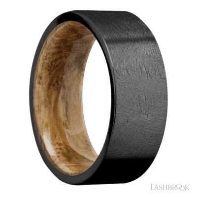 8 mm wide Flat Zirconium band featuring a Whiskey Barrel sleeve.