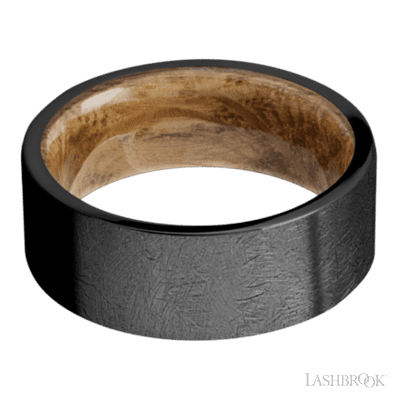 8 mm wide Flat Zirconium band featuring a Whiskey Barrel sleeve.