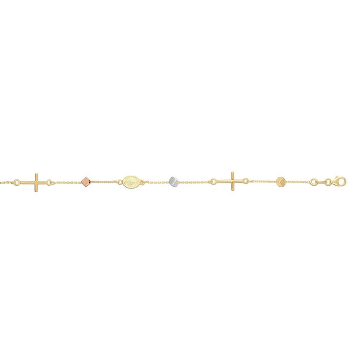 14K Tri-color Gold Polished Cube & Cross Bracelet