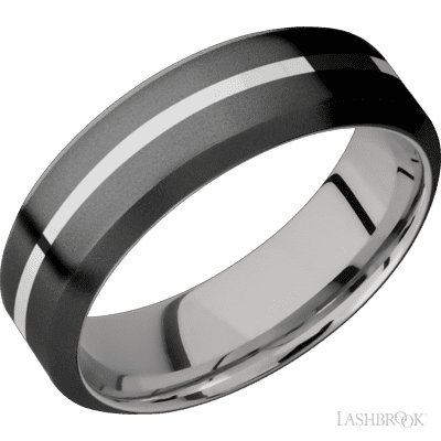 7 mm wide/High Bevel/Zirconium band with one 1 mm Centered inlay of Palladium Silver also featuring a Palladium Silver sleeve.